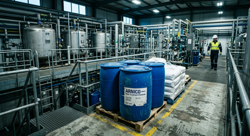 A comprehensive guide to industrial water treatment chemicals showing storage tanks and chemical drums