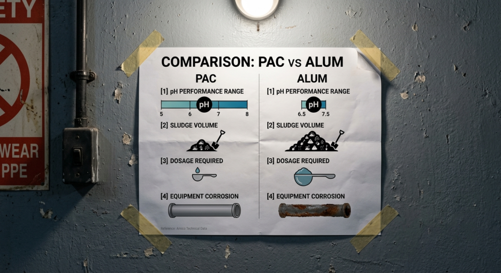 An infographic comparing Poly Aluminum Chloride and Aluminum Sulfate in terms of performance, sludge production, and pH range