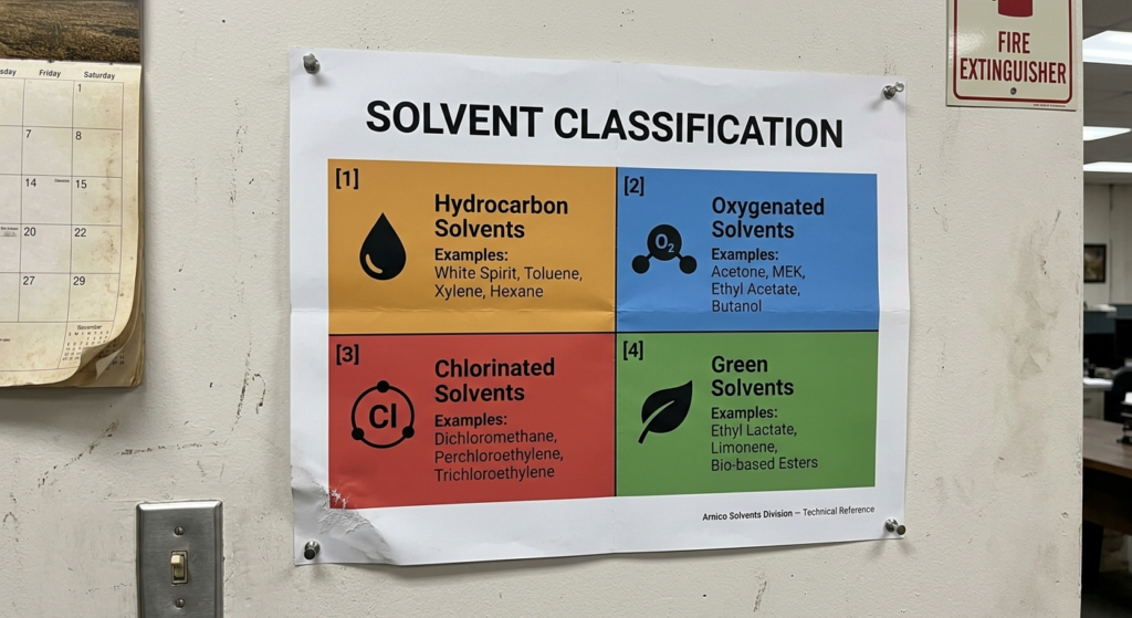  An infographic categorizing types of industrial chemical solvents: petroleum-based, oxygenated, chlorinated, and green