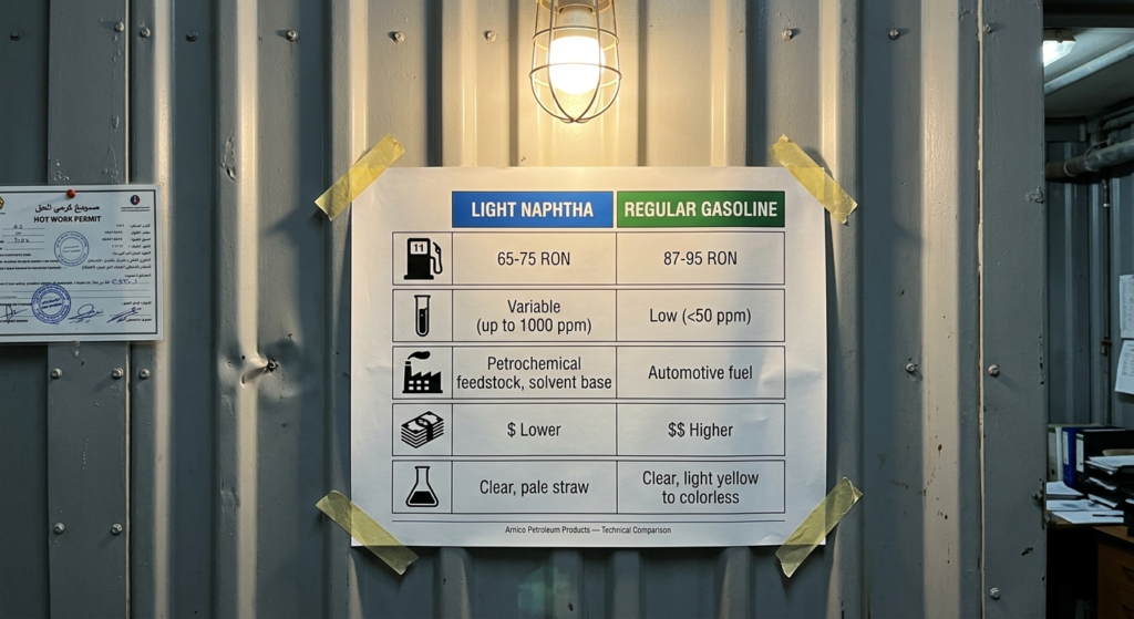An infographic comparing Light Naphtha and Finished Gasoline in terms of octane number, sulfur content, application, and price