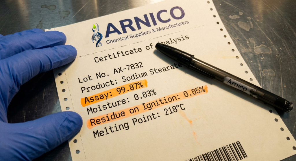 A Certificate of Analysis for chemicals with highlighted technical parameters for proper grade identification