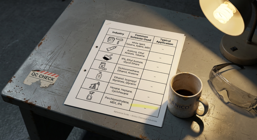 A graphical table showing the applications of industrial chemical solvents in the paint, adhesive, ink, pharmaceutical, cosmetic, oil extraction, and industrial cleaning industries