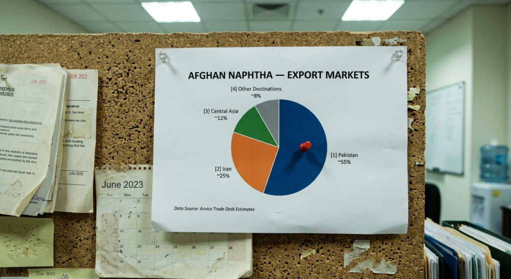 A chart showing the export markets for Afghan Light Naphtha including Pakistan, Iran, Central Asia, and other destinations