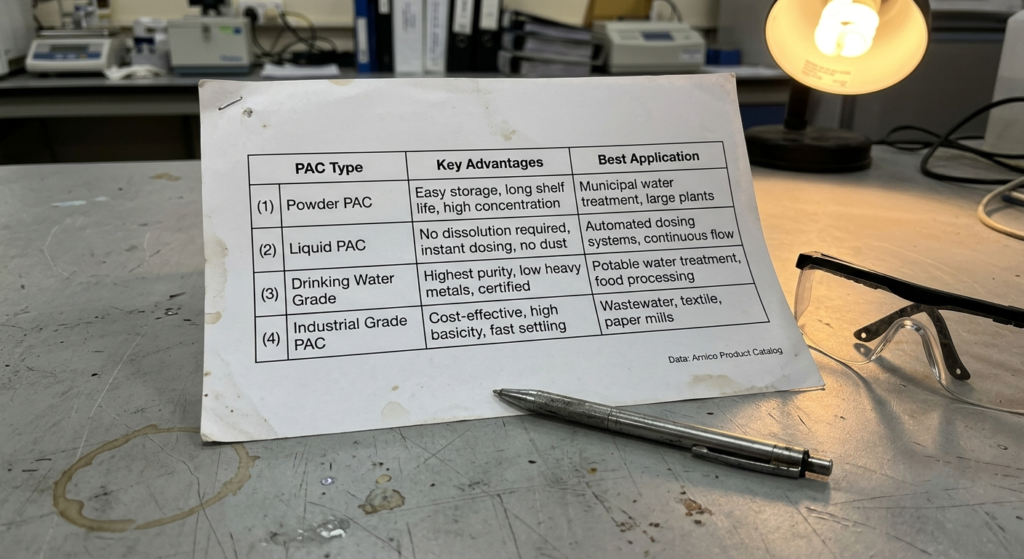 A comparison table of Poly Aluminum Chloride types including powder, liquid, drinking water grade, and industrial grade with their specific applications