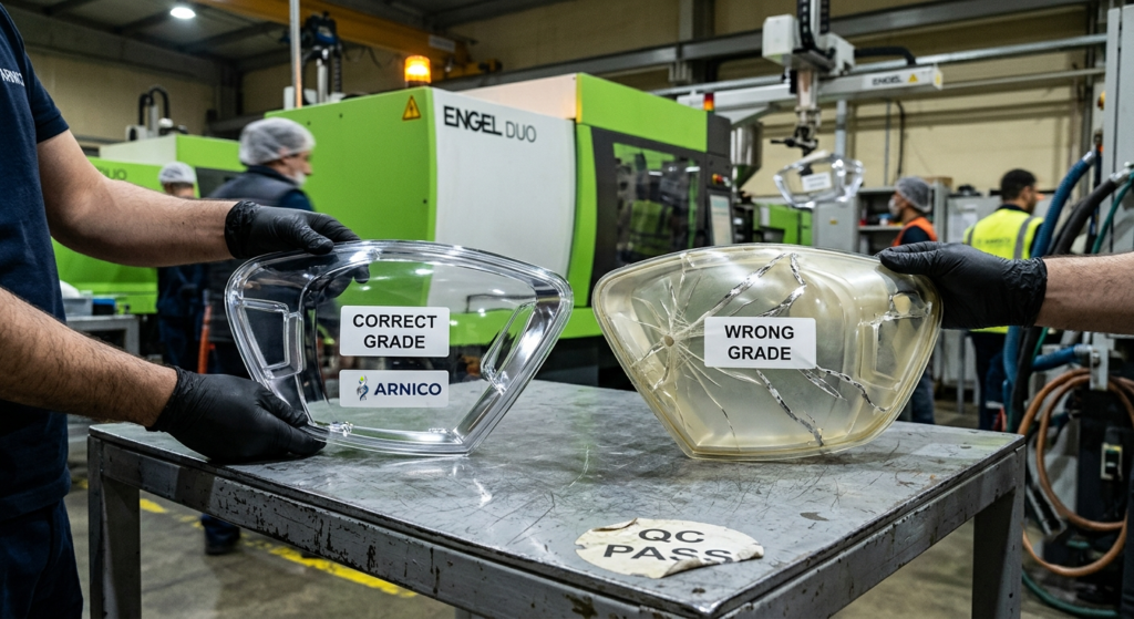 A side-by-side comparison of a final product manufactured with the correct chemical grade versus a defective one made with the wrong grade