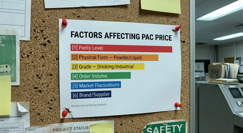  A chart showing the key factors affecting the price of Poly Aluminum Chloride, including purity, packaging, purchase volume, and market fluctuations