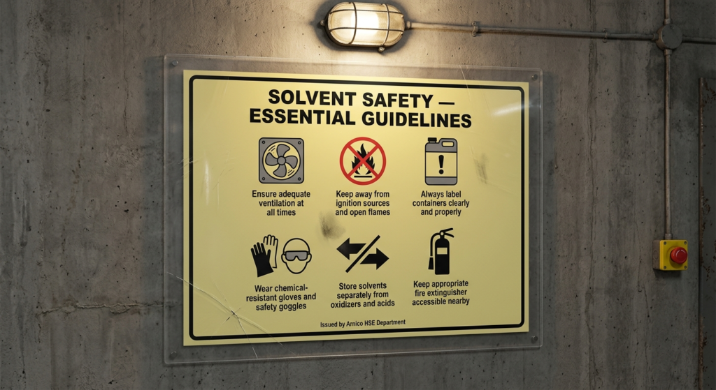 A poster with essential safety tips for storing and working with industrial chemical solvents