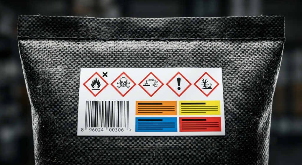 A sealed industrial chemical bag featuring a standardized label with safety pictograms, ensuring safe logistics