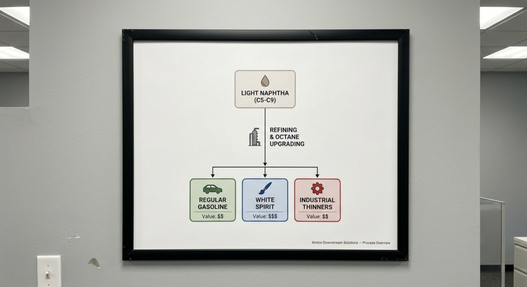 An infographic showing the process of converting Afghan Light Naphtha into finished products, including regular gasoline and industrial solvents
