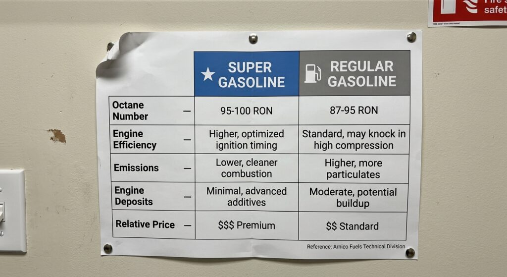 An infographic comparing Super Gasoline and Regular Gasoline in terms of octane number, sulfur, emissions, fuel consumption, and price