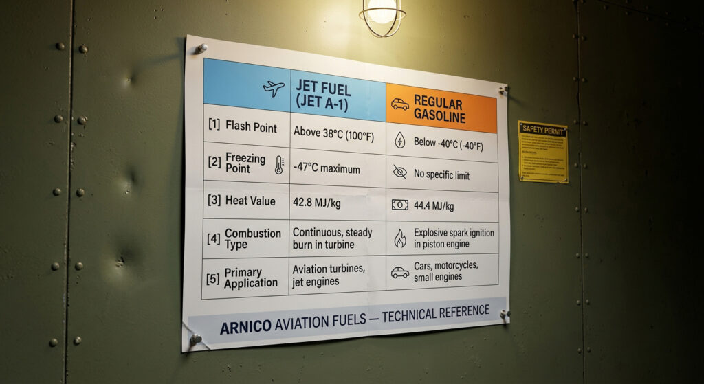  An infographic comparing aviation fuel and regular gasoline in terms of flash point, freezing point, energy density, and combustion type