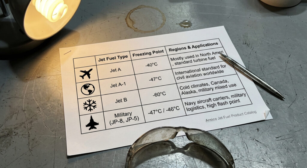 A graphical table comparing Jet A, Jet A-1, Jet B, and military aviation fuels with their freezing points and typical applications
