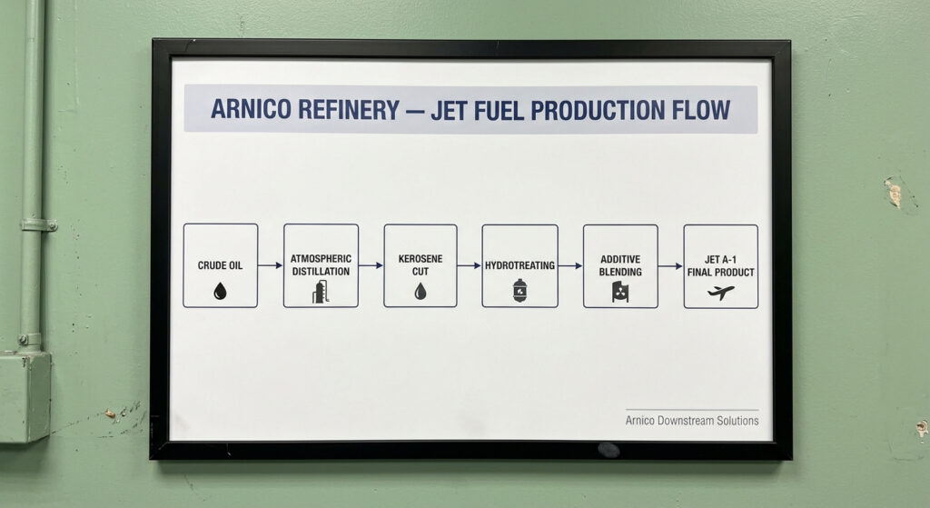 An infographic showing the production process of aviation fuel from crude oil, including atmospheric distillation, hydrotreating, and additive blending