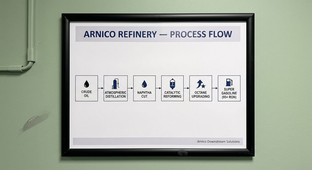 An infographic showing the process of converting crude oil into Super Gasoline at a refinery, including distillation, catalytic reforming, and octane upgrading stages