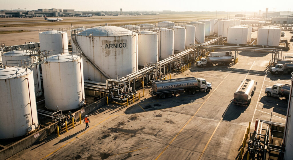 Aviation fuel storage tanks at an airport fuel terminal with refueling trucks